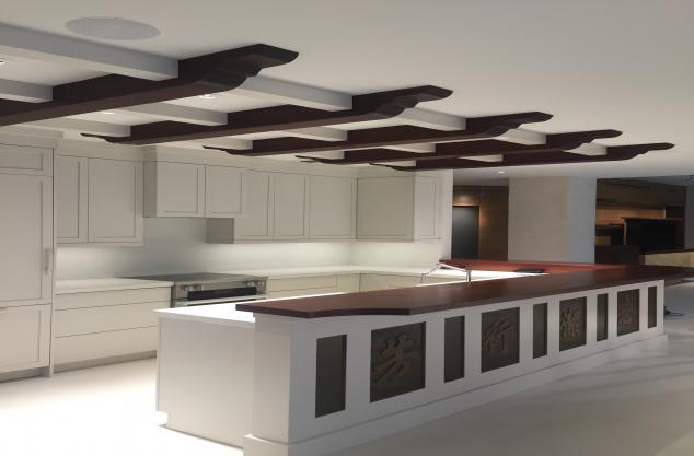 Custom white kitchen with Mahogany beams